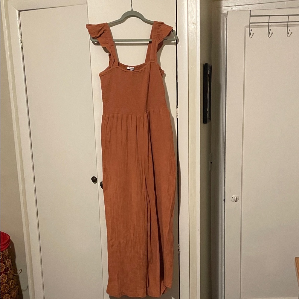 Madewell Ruffled Strap Jumpsuit in Rust